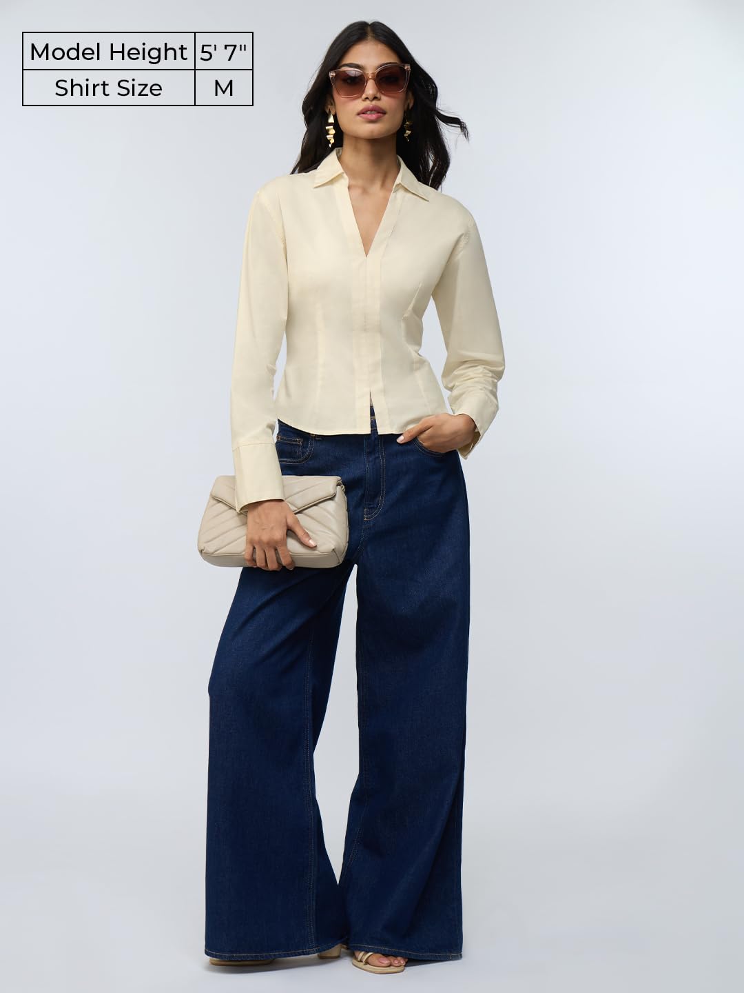 The Souled Store Gorset: Off-White dla kobiet i dziewcząt, długi rękaw, kołnierz, plisa z przodu, dopasowane koszule