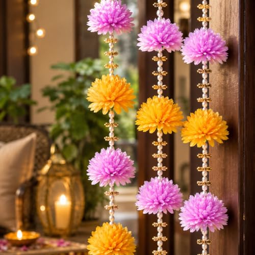 Image of Rajasthan Kraft Pack of 2, Artificial Multicolor Flower Wall Hanging for Home Decoration | 45 x 4 Inch Floral Hanging with Beads | Decorative Wall Hanging for Diwali, Wedding, Mandir & Festive Decor