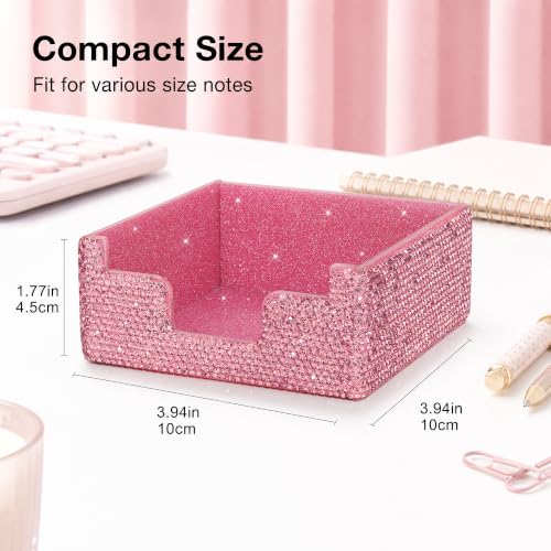 SlowVibes Bling Pink Sticky Note Holder, Glitter 3.94 x 3.94 Inch Notepad Holder Sticky Note Dispenser, Thick Rhinestone Desk Organizer for Office, Home, Dorm, Classroom Desk,Gift for Women Girls - Image 3