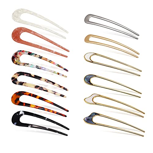 12 Pcs Metal U Shaped Hairpins, with 6 Prongs Vintage Hair Pin Fork Sticks Tortoise Shell U Shape Hair Clips Bun Hair Pins Clips for Women Girls,Hair Styling Accessories -12 Styles