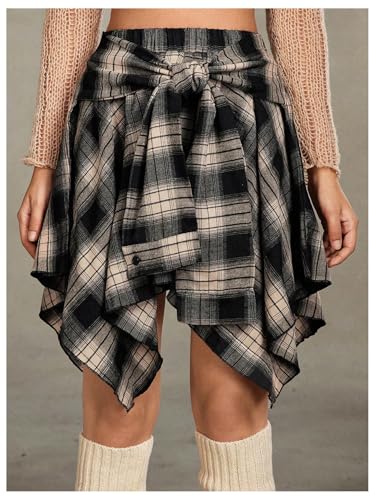 Verdusa Women's Y2k Goth Grunge Plaid Skirts Tie Vintage Asymmetrical Flowy Pleated Mini Skater Skirt2