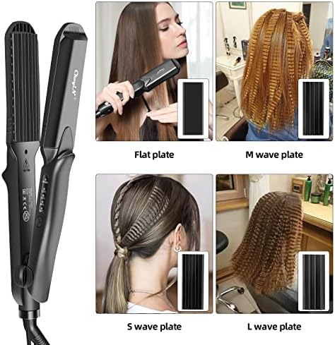 Hair Crimper, CkeyiN Professional Crimping Iron and Straighter with Heat Resistant Glove Adjustable Temperature Dual Voltage 4 Interchangeable Ceramic Plates (Black)