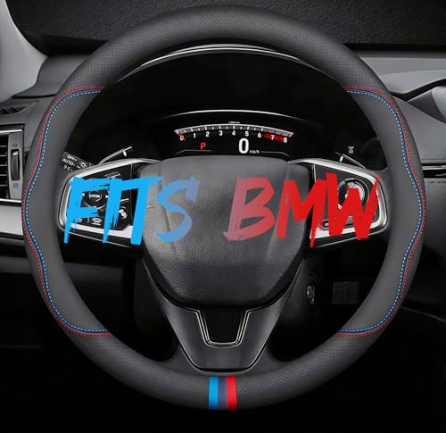TRROCC Leather Car Steering Wheel Cover Tricolor Sporty Style Breathing Laser Perforation Red-Blue Dual Line 14.5-15 Inch for BMW