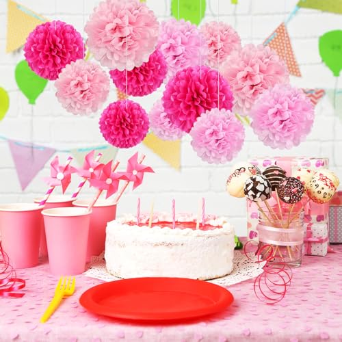 Image of 18 PCS Tissue Paper Pom Poms, Tissue Pom Poms Flowers, Sizes of 6 inch, 10 inch, 12 inch, 14 inch Hanging Paper Flower Ball for Wedding, Birthday, Gender Reveal, Baby Shower Valentine's Day Party Decor (Pink Set)