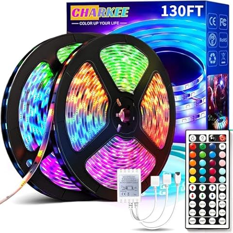 CHARKEE LED Strip Lights 130ft (2 Rolls of 65.6ft) Ultra Long RGB 5050 Color Changing LED Light Strips Kit with 44Keys Remote LEDs Lights for Bedroom, Kitchen, Home Decor, Room, Dorm Room, DIY Mode Cover