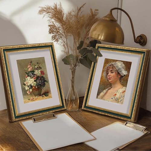 Image of eletecpro 8x10 Vintage Picture Frame, Glass Cover, Green Gold, 2-Pack | Display Photo 5x7 with Mat or 8x10 without, Horizontal or Vertical, Tabletop or Wall Decor