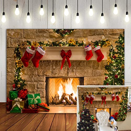 BINQOO 9x6ft noël cheminée Arbre Chaussette Toile de Fond Arbre de noël Chaussette Rouge Cadeaux Santa Guirlande Balle fête Photographie Fond Stand décor Accessoires
