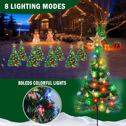 Solar Christmas Tree with Star Topper - 4 Pack with Snowflake 80LED Lights, Outdoor Garden Lights with Bells for Decoration - Image 2