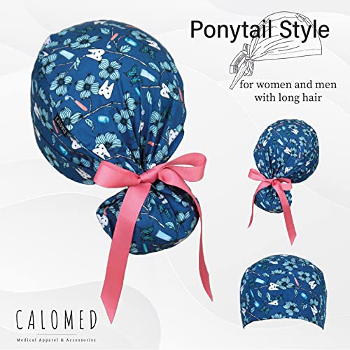 Image of Scrub Cap for Women and Men, Ponytail Scrub Caps, Working Hat, Head Cover with Ribbon Ties and Buttons, Long Hair
