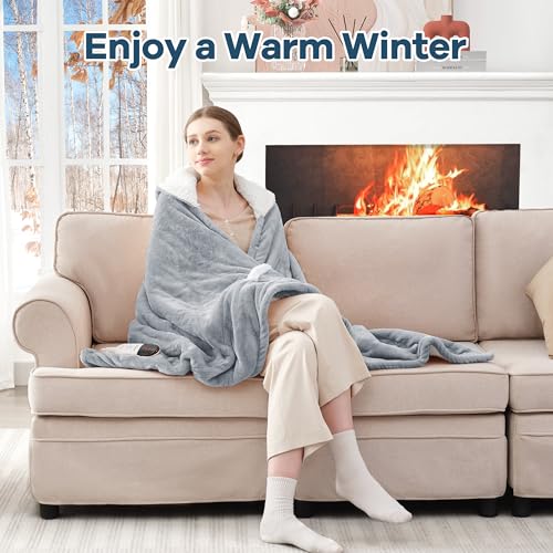 Heated Blanket Wearable Electric Blanket with Hood and Pockets, Heating Throw Blanket, Electric Heated Wrap Shawl with 6 Heating Levels Setting & 4 Hours Auto Shut Off, Machine Washable(Shrot, Grey)