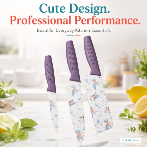 Image of BRAND VILLA Kitchen Knife Set of 3, Ultra Sharp Stainless Steel Chef Knife, Utility Knife & Paring Knife, Non-Stick Coated Blades, Ergonomic Anti-Slip Handle for Fruits, Vegetables & Meat (Purple)