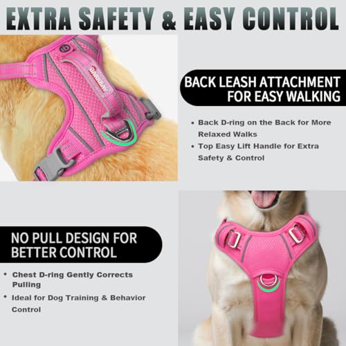 BARKBAY No Pull Dog Harness Large Reflective Dog Harness with Front Clip and Easy Control Handle for Walking Training Running with ID tag Pocket(Pink,L) - Image 4