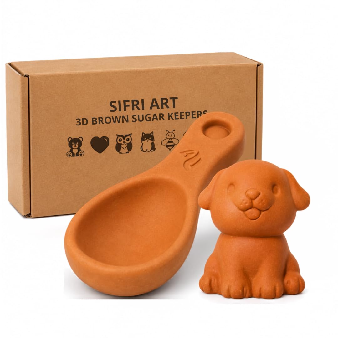 Sifri 3D Brown Sugar Keeper 2-in-1 Set – Terracotta Clay Puppy &amp; Spoon Saver Softener – Cute Kitchen Storage &amp; Freshness Holder for Sugar – Gift for Bakers (1, Dog and Spoon)