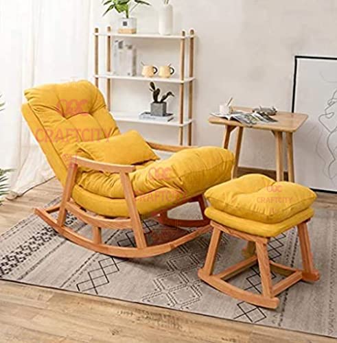 Image of CRAFTCITY Rocking Chair |Sheesham Wood Elegant Rocking Chair with Pillow and Matching Foot Stool and Pre assembeled (Yellow)