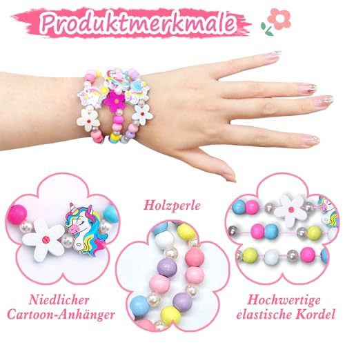 Suofuolef 12 Stück Holz Armbänder für Mädchen, Bunte Einhorn Blumen Freundschaftsarmband, Party Mitgebsel Kindergeburtstag Gastgeschenke Geflochten Armband Schmuck für Mädchen Teenager Frauen