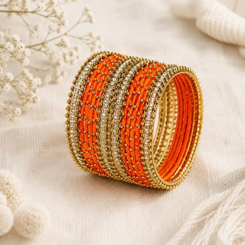 Image of NMII Non-Precious Metal with Base Metal and Zircon Gemstone Studded Ball Chain Linked Glossy Finished Silk thread Bangle set for Women and Girls