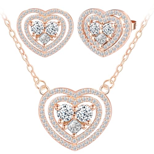 MicLee Collares colgantes y pendientes corazón con circonitas para mujer: Juegos de joyas de plata 925 - Pendientes y collar en forma de corazón - Joyas de boda elegantes - Joyas de fiesta oro rosa