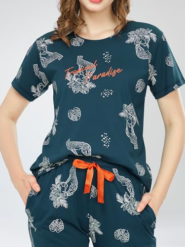 Image of ZEYO Night Suit for Women's Floral & Cheetah Printed Cotton Night Dress of Top and Pajama Set 5779