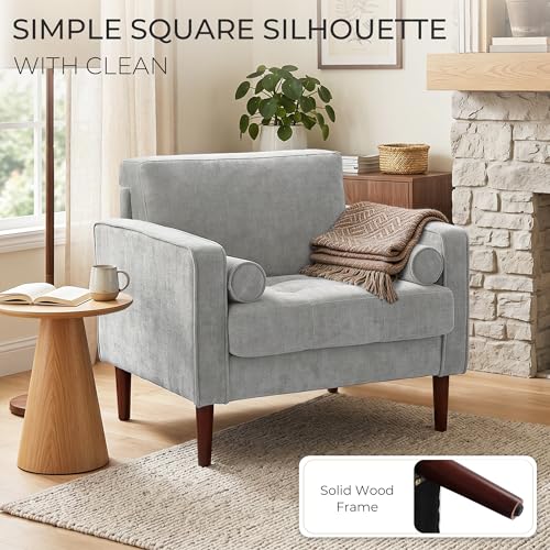 Image of Accent Chairs Stet of 2, Chenille Upholstered Armchairs for Living Room, Comfy Single Sofa Bedroom Reading Seat with 2 Bolster Pillows, Light Gray