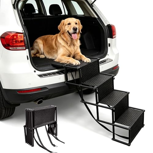 Foldable 4 Step Dog Stairs for Cars Portable Pet Ladder with Non-Slip and Waterproof Surface Supports Up to 80KG Black Oxford Cloth