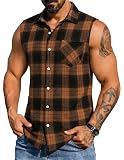 COOFANDY Mens Sleeveless Flannel Plaid Shirts Beach Tank Top Sleeveless Button Down Shirt, Yellow, Large