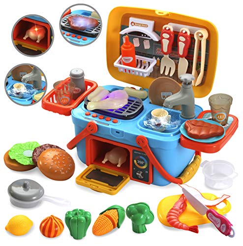 JOYIN Pretend Play Kitchen & Picnic Cutting Food Toy Playset, Portable Picnic Basket with Sink, Faucet, Grill Area, Oven, Music and Lights Color Changing Toys for Kids