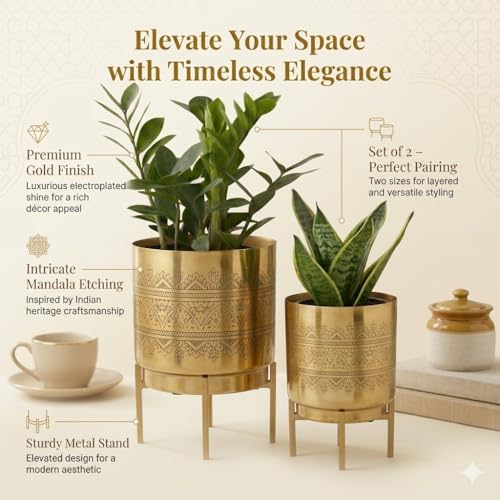Image of Raaga Gold Metal Planters with Stand | Pack of 2 | Big Planter - 10 Inch (Height) 7 inch (Diameter) | Small Planter - 8 Inch (Height) 6 inch (Diameter) Planters for Living Room