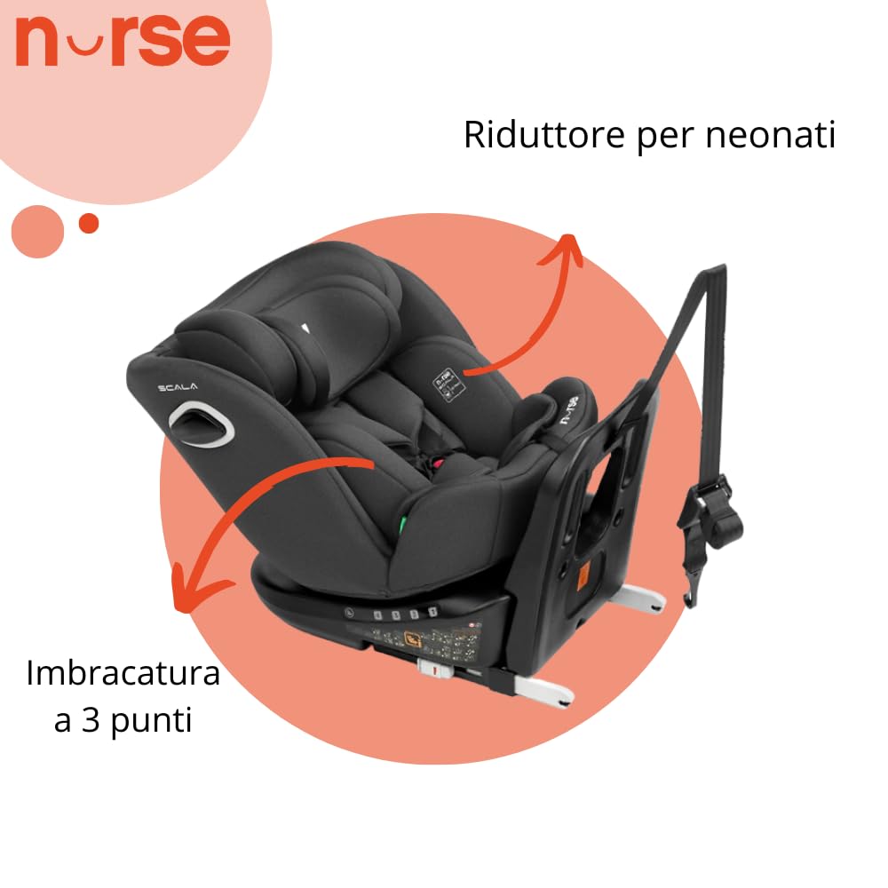 Nurse Scala Silla de Coche i-Size 40–150 cm, Giratoria 360º, ISOFIX con Top Tether, A Contramarcha y A Favor de la Marcha, Protección Lateral, Negro