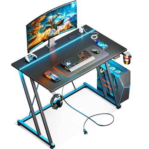 MOTPK Small Gaming Desk with LED Lights & Power Outlet, Computer Desk 31.5inch for Small Space, Cheap Gaming Table with Carbon Fiber Texture, Kids Desk Gift for Boys Men, Black