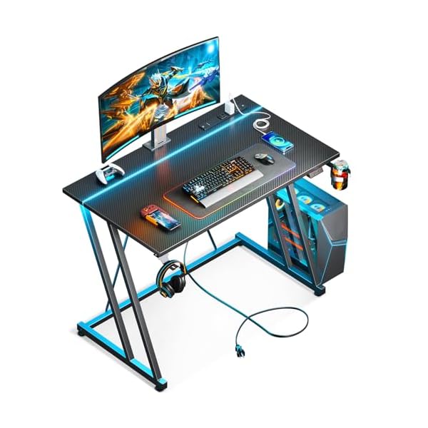 MOTPK Small Gaming Desk with LED Lights & Power Outlet, Computer Desk 31.5inch for Small Space, Cheap Gaming Table with Carbon Fiber Texture, Kids Desk Gift for Boys Men, Black