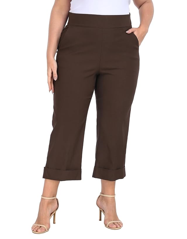 HDE Plus Size Pull On Capri Pants for Women with Pockets Elastic Waist Commuter Travel Casual Work Cropped