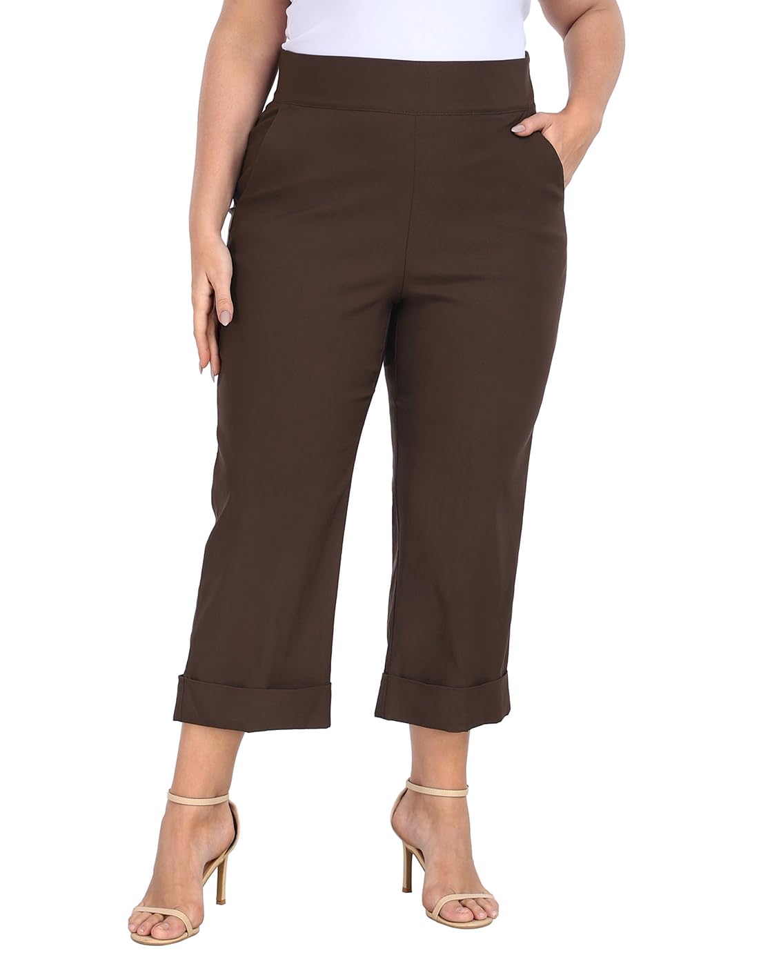 HDE Plus Size Pull On Capri Pants for Women with Pockets Elastic Waist Commuter Travel Casual Work Cropped