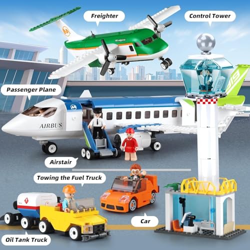 Image of Airport Building Blocks Playset, 731+ PCS Aviation Construction Kit with Pull-Back Luggage Van, Compatible with Major Brands, Safe & Durable, 12-Month Warranty