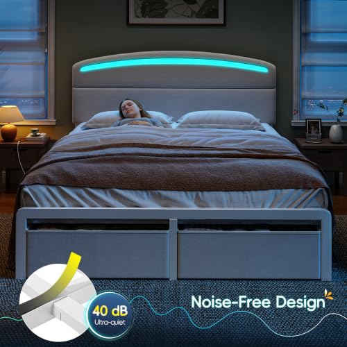 Homkdom Full Size Bed Frame with Upholstered Headboard, USB-C & LED, Beige - image 9