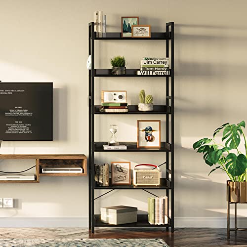 Rolanstar Bookshelf 6 Tier With 4 Hooks, Industrial Wood Bookcase, Vintage Storage Rack With Open Shelves, Rustic Standing Bookshelves Metal Frame Display Rack For Living Room, Bedroom #TOP5