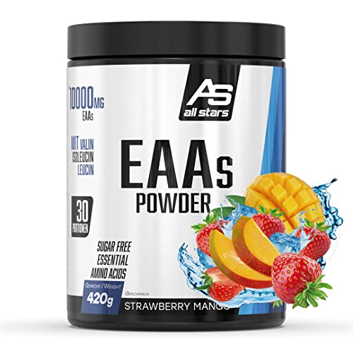 All Stars EAA Powder Strawberry Mango I Aminosäuren hochdosiert I 420g Pulver mit 10.000mg EAAs pro Portion I BCAA Supplement mit L-Leucin + L-Valin + L-Isoleucin I Shake zuckerfrei