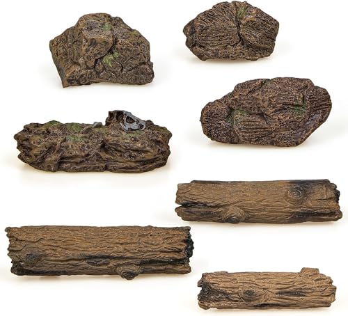 PIVNASY 7Pcs Artificial Tree Stumps and Miniature Fake Stone Rocks for Micro Landscape Decor Resin...