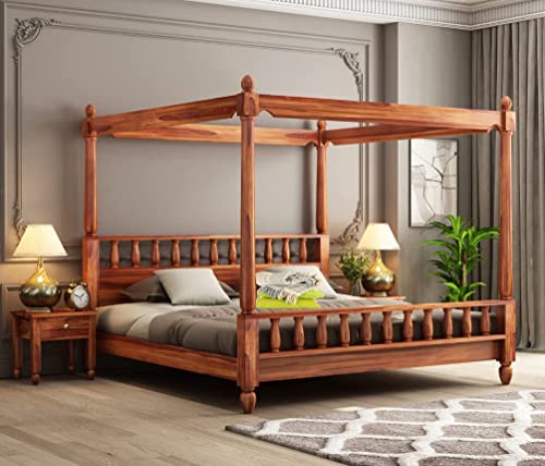 Image of Sheesham Solid Wood Allure Poster Bed Wooden Double Bed Cot Bed Furniture for Bedroom Home and Hotel (Honey Colour, King)
