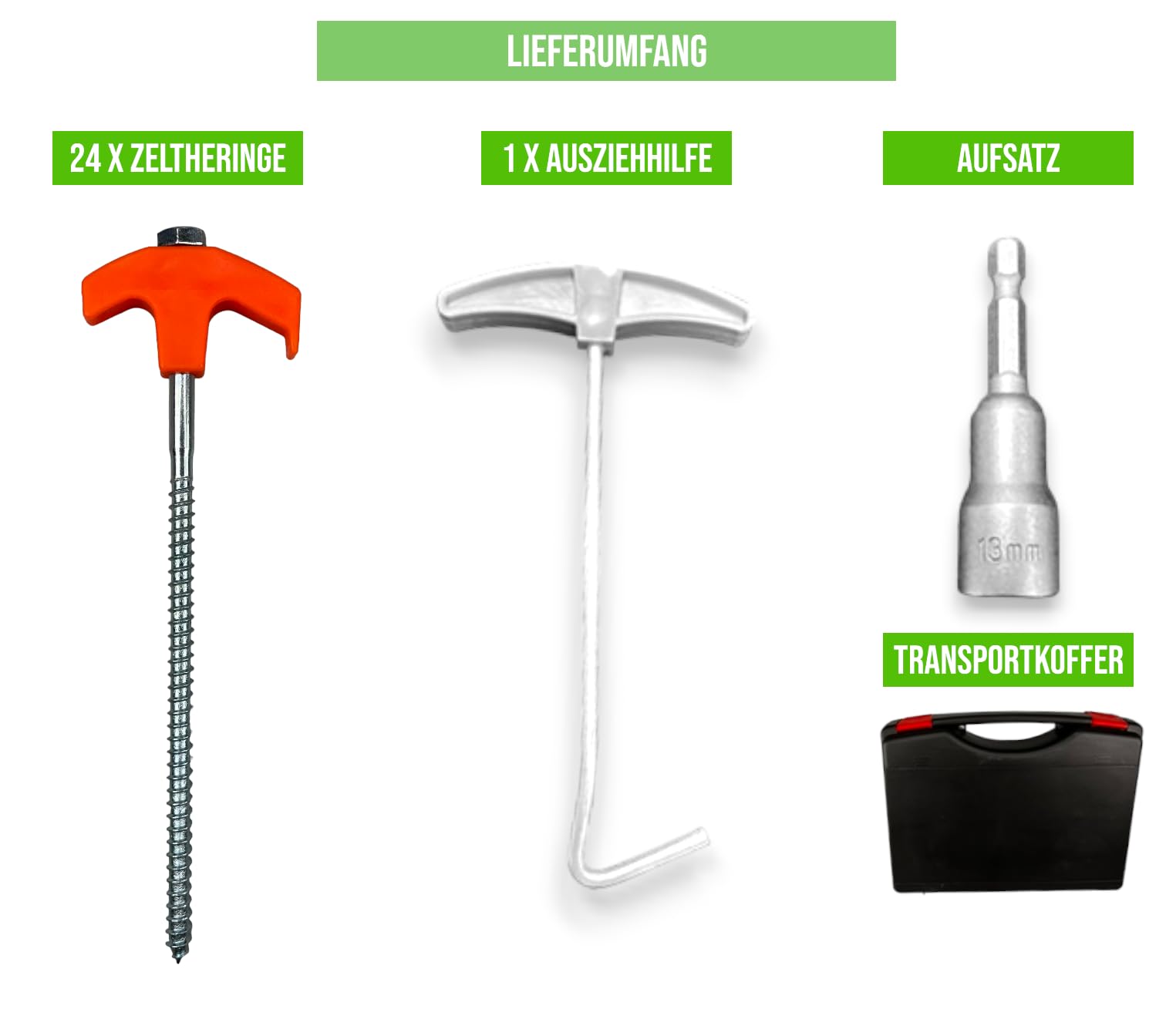 FAMEX 24x Zeltheringe - robuste Stahl-Heringe mit Gewinde und Seil-Halterung 20,5 cm lang