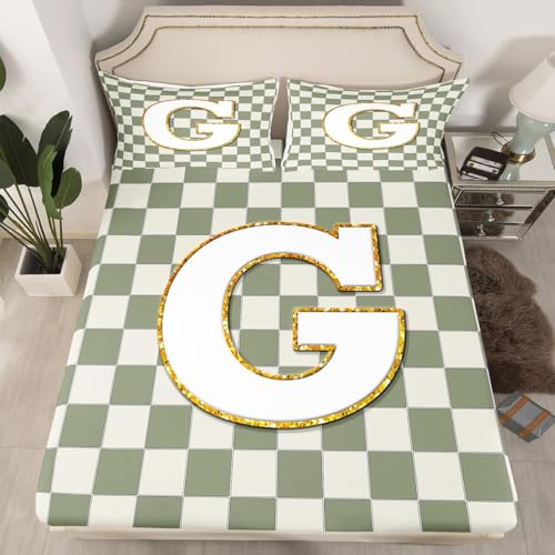 Image of Erosebridal Sage Green Checkered Bed Sheets King Plaid Initial G Sheet Set Personalized Monogram Bedding Set for Kids Boys Girls,Fashion Grids Gingham Fitted Flat Sheets 4 Piece