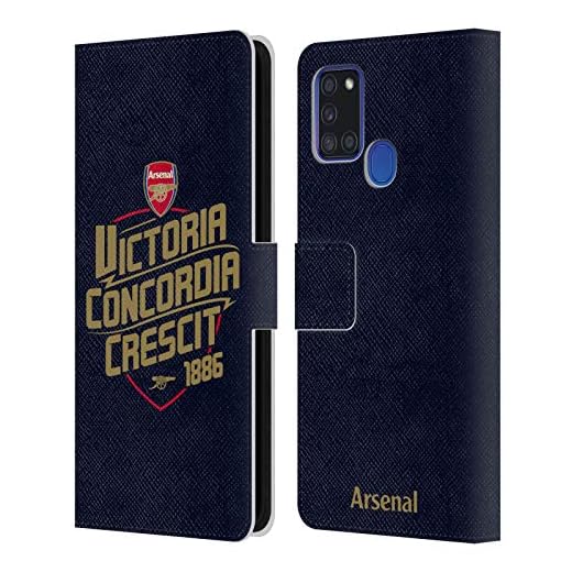Officiell Arsenal FC Victoria Concordia Crescit typografi läderbok plånboksfodral kompatibelt med Samsung Galaxy A21s (2020)