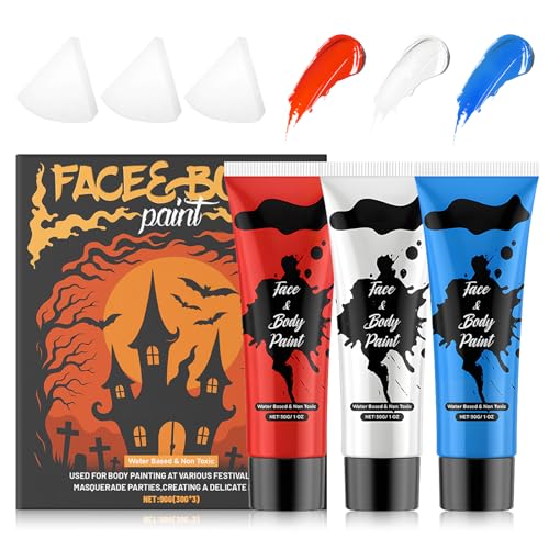 WEILAOK Peinture Visage Halloween, Maquillage Enfant Halloween, Blanc, Bleu Et Rouge Peinture Corps et Face, Séchage Rapide, Longue Tenue, Idéal Pour...