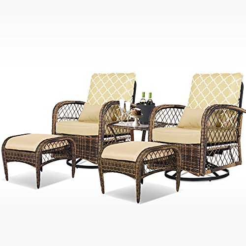 5 Pieces Patio Conversation Set W/Woven Wicker Swivel Rocker Chair,Side Table and Ottoman,for Garden Backyard Lown Porch (Beige)