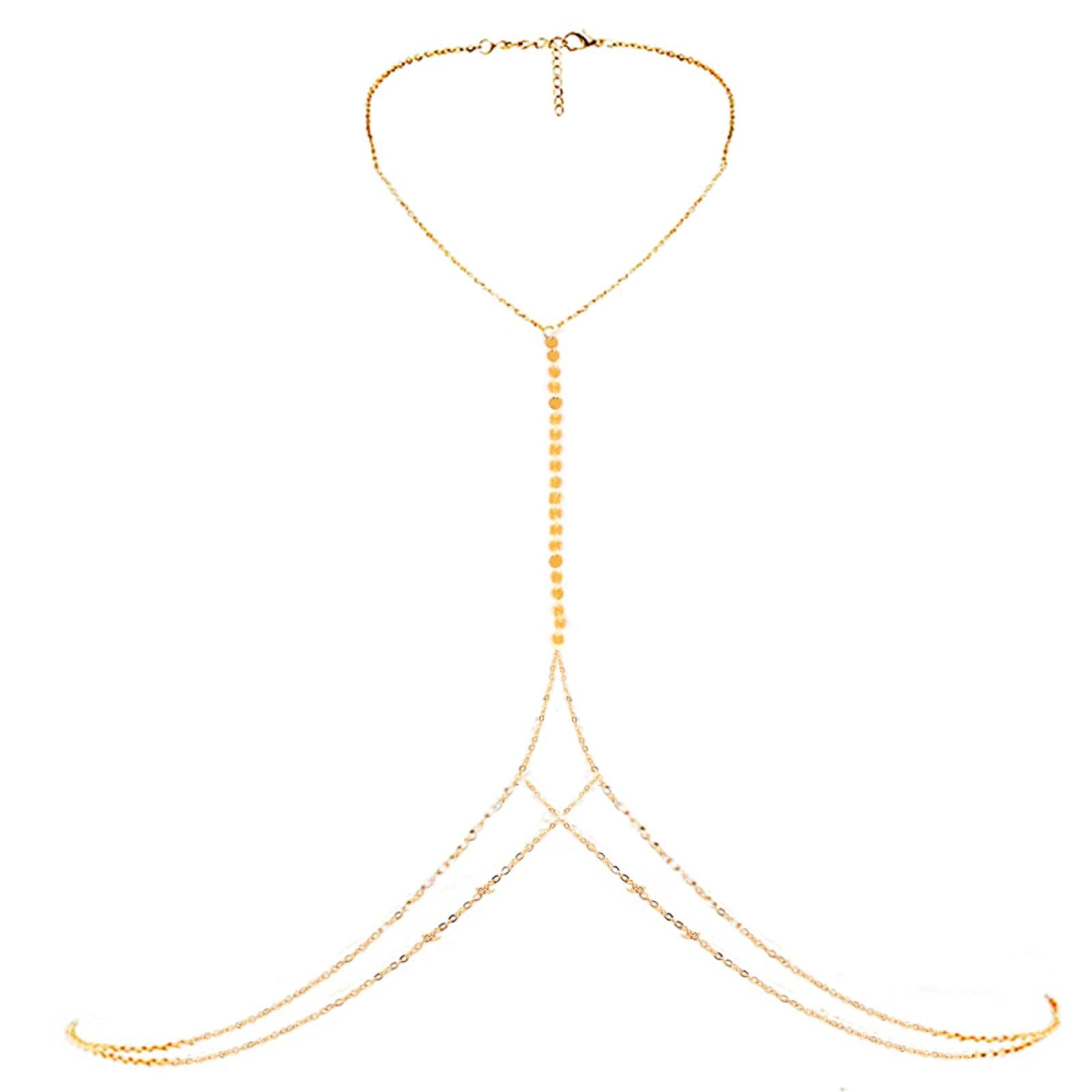 KLXSIVU Body Chains Stainless Steel Multilyaer Mesh Sequin Waist Chain For Women Sexy Bikini Beach Belly Jewelry (goldcolor)