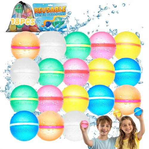 Reusable Water Balloons for Kids - Summer Toys, Pool Beach Water Toys for Boys and Girls, Silicone Water Balloons Quick Fill Splash Balls Bomb Party Supplies Outdoor Idea with Mesh Bag (18 pcs)