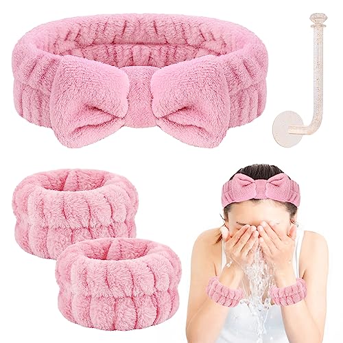 CERETIA Face Wash Headband Set with Microfiber Wristbands and Holder - Absorbent Spa Wrist Scrunchies for Cleansing
