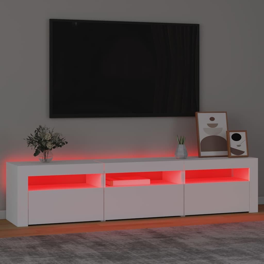 Mueble de TV de Madera con Luces LED RGB, Gran Espacio de Almacenamiento, Adecuado para Salón y Dormitorio, Diseño Moderno, Color Blanco, 180 x 35 x 40 cm