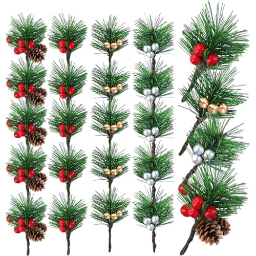 RXKFIGX 20 Piezas Ramas de Pino Artificial para Navidad, Ramas de Abeto Artificial con Bayas y Piñas,Acebo Artificially,Rama Decorativas con Bayas y Piñas para Coronas Navideñas y Arreglos Florales