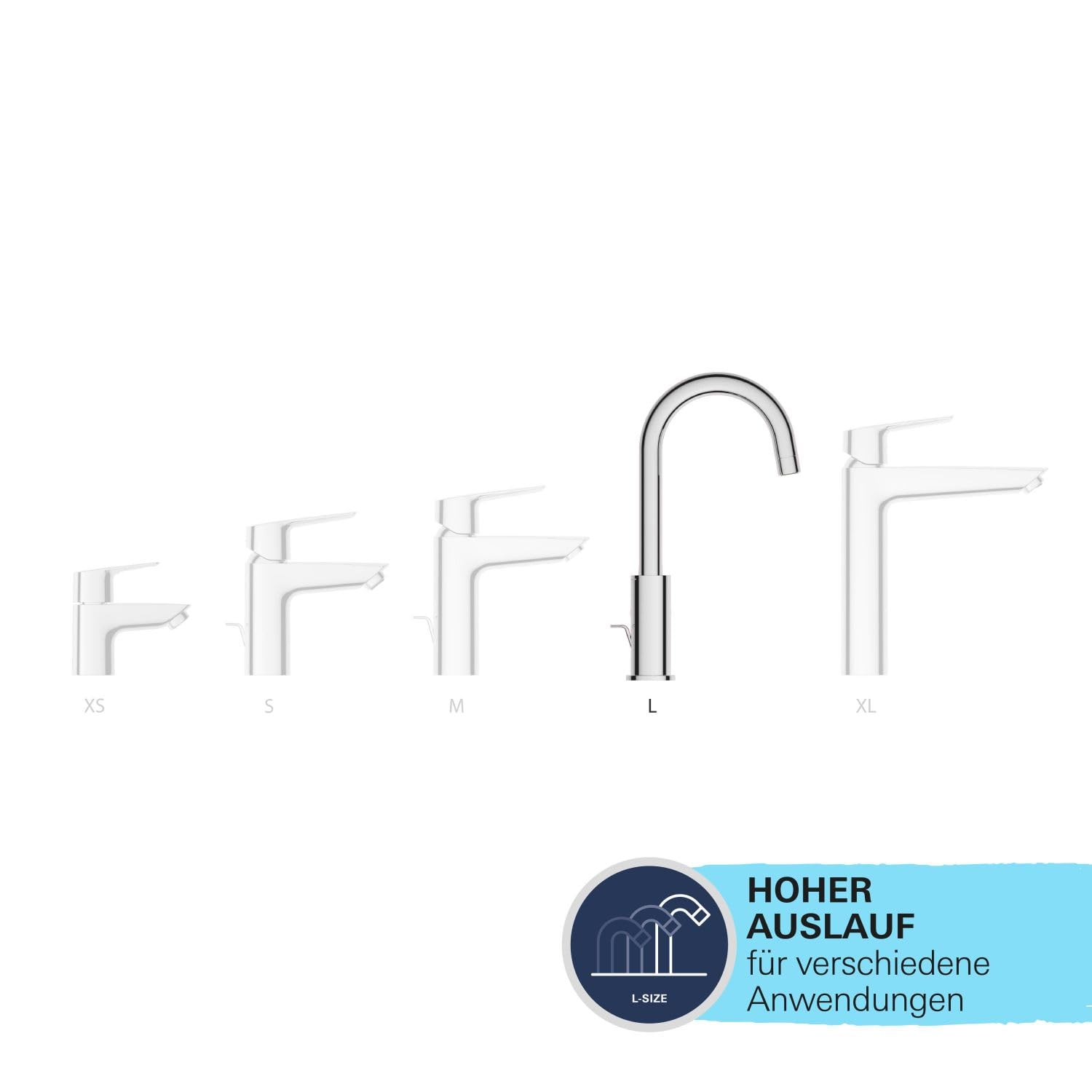GROHE Start, Waschtischarmatur hoch, wassersparend (Wasserhahn für das Bad, schwenkbar, Zugstangen-Ablauf, 31cm hoch, mit 3in1 Werkzeug, einfache Installation am Waschbecken), schwarz, 242032432