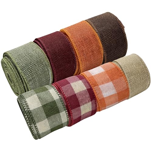Meseey Fall Wired Ribbon 40 Yards Natural/Orange/Sage Green/Plaid Ribbon 1-1/2 Inch Autumn Ribbon for Big Bow Wreath Outdoor Decoration(8 Rolls)